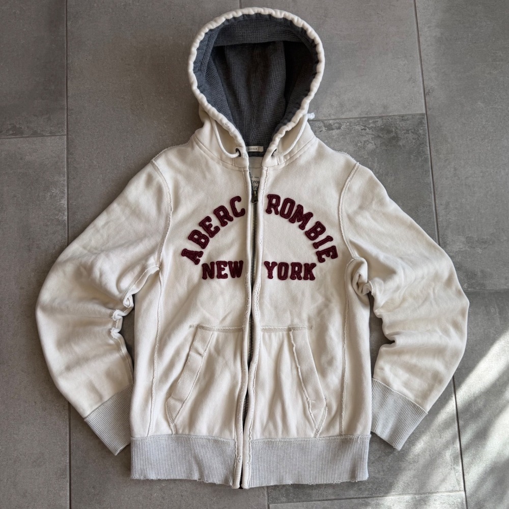 Vintage Abercrombie & Fitch Y2K Waffle Knit Hood Distressed Zip Hoodie M Cream